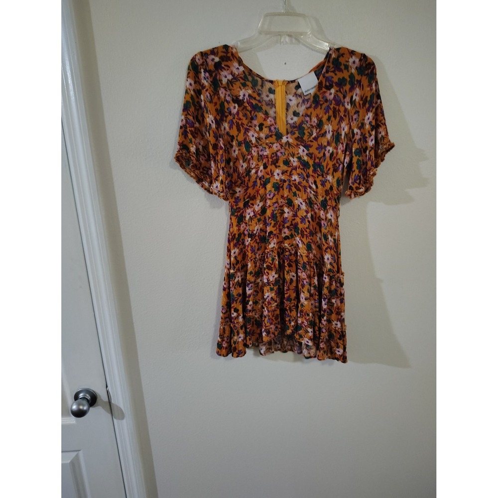 Skylar + Madison Floral Mini Dress Mustard Yellow V-Neck Ruffle Hem Size M